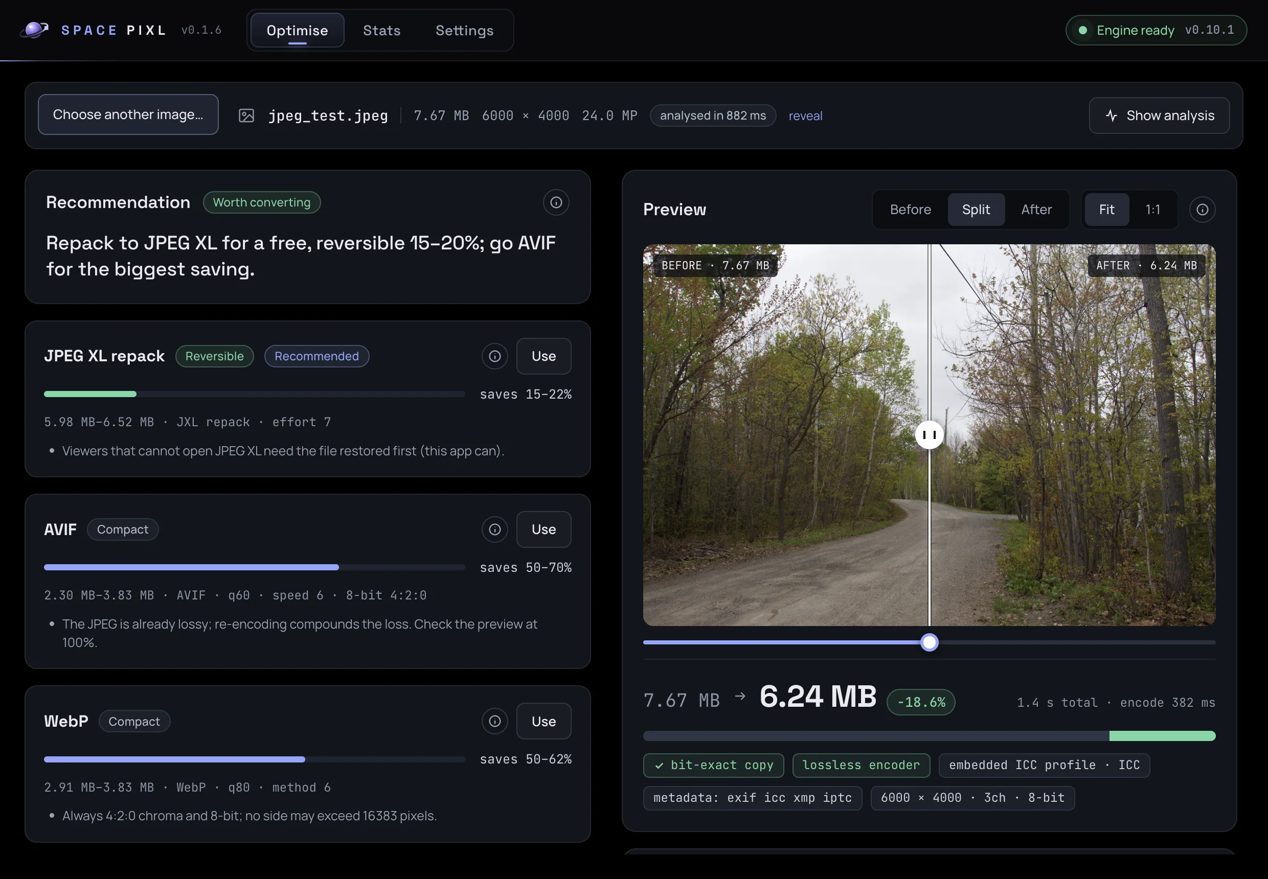 Space Pixl showing a 7.67 MB JPEG previewed as a 6.24 MB JPEG XL repack, split before and after, with the recommendation panel on the left